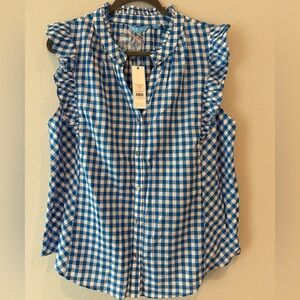 Draper James Blue and White Gingham Ruffle-Sleeve Button Front Top